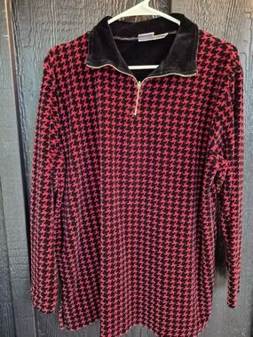 Red and Black Houndstooth Quarter-Zip Sweater